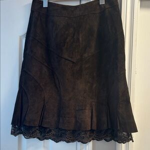 Women’s Lace-Hem Suede Skirt - Dark Brown